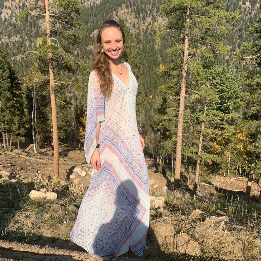 BCBGMAXAZRIA Blue Geometric Sheer Maxi Dress